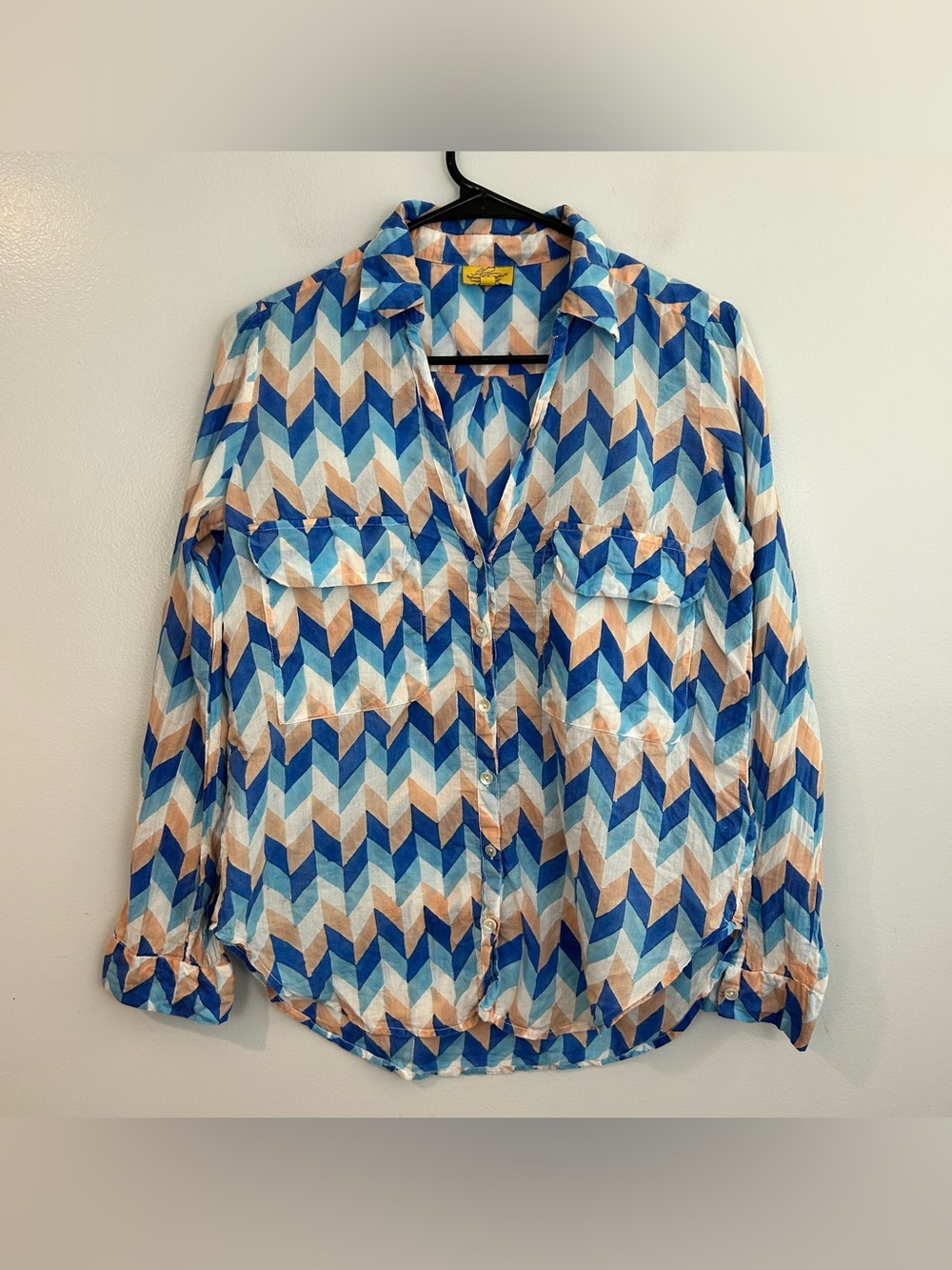 Roberta Roller Rabbit Lightweight Chevron Blue/Peach Button Up Shirt Size XS